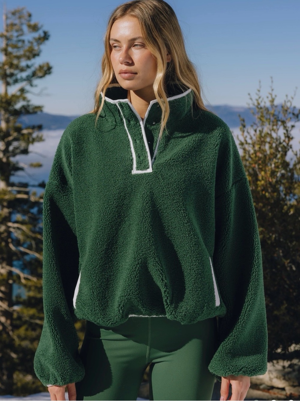 Daily Drills Dark Green Sherpa Pullover with White Trim